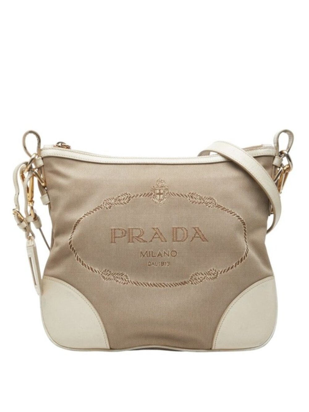 Prada Logo Crossbody Shoulder Bag Beige White Canvas Leather